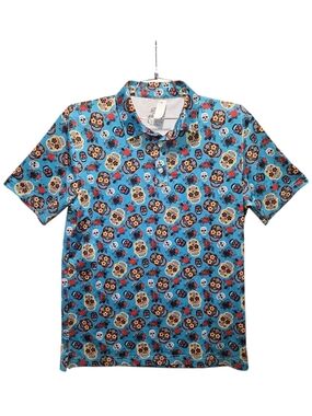 Kaipar Día de los Muertos Sugar Skull Golf Polo Shirt Blue Men's Size Large